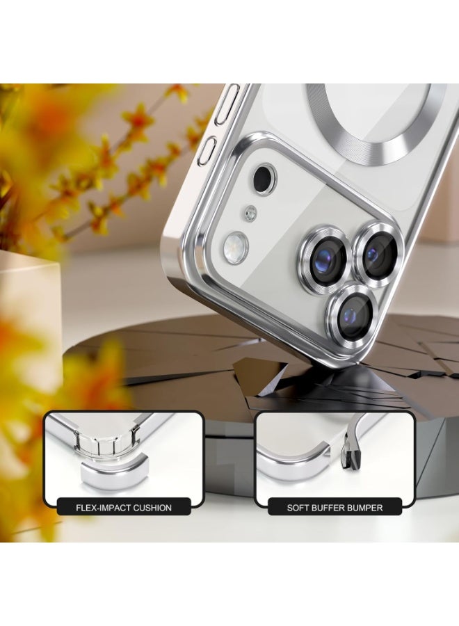 جراب مغناطيسي متوافق مع هاتف iPhone 17 Pro Max، يوفر حماية كاملة للكاميرا والعدسة، متوافق مع الشحن اللاسلكي، جراب حماية شفاف رفيع مقاوم للصدمات باللون الفضي. - Image 2